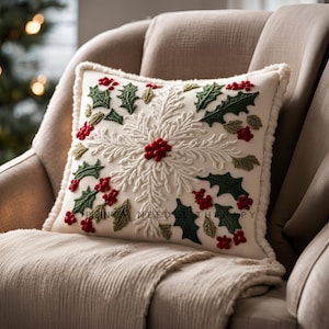DIY Christmas Gift for Her Punch Needle Cushion Cover Pattern, Holiday Needlepoint Adult Craft, Xmas Crewel Pillow Case Cross Stitch PDF