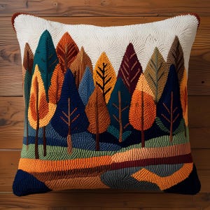 Könnte beinhalten: Ein dekoratives quadratisches Kissen mit einer farbenfrohen Waldszene. Das Design umfasst Bäume in Orange-, Türkis-, Blau- und Brauntönen vor einem weißen Hintergrund. Das Kissen hat ein strukturiertes, handgenähtes Aussehen mit einem cremefarbenen Rand.