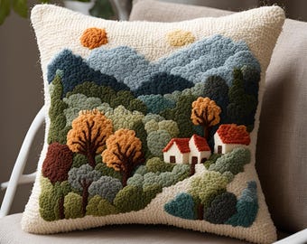 Cushion Cover Punch Needle Pattern, DIY Pillow Case Craft, Hand Tufted Embroidery Scenery Template, Autumn Earth Tone French Cottage Pillow