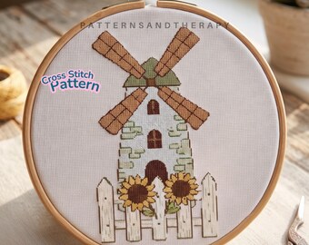 Vintage Cottage Cross Stitch Chart Pattern: Floral Farmhouse Window Motif