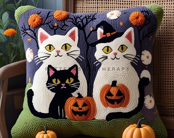 Halloween griezelige zwarte kat punch-naaldpatroon, griezelig schattig kussen, donker gotisch huis, pompoen vleermuis motiefkussen, decor slaapzaal terug naar school
