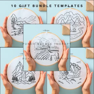 May include: Ten embroidery hoop templates featuring black and white line drawings of nature scenes. The scenes include mountains, trees, a waterfall, a house, a horse, and a river.