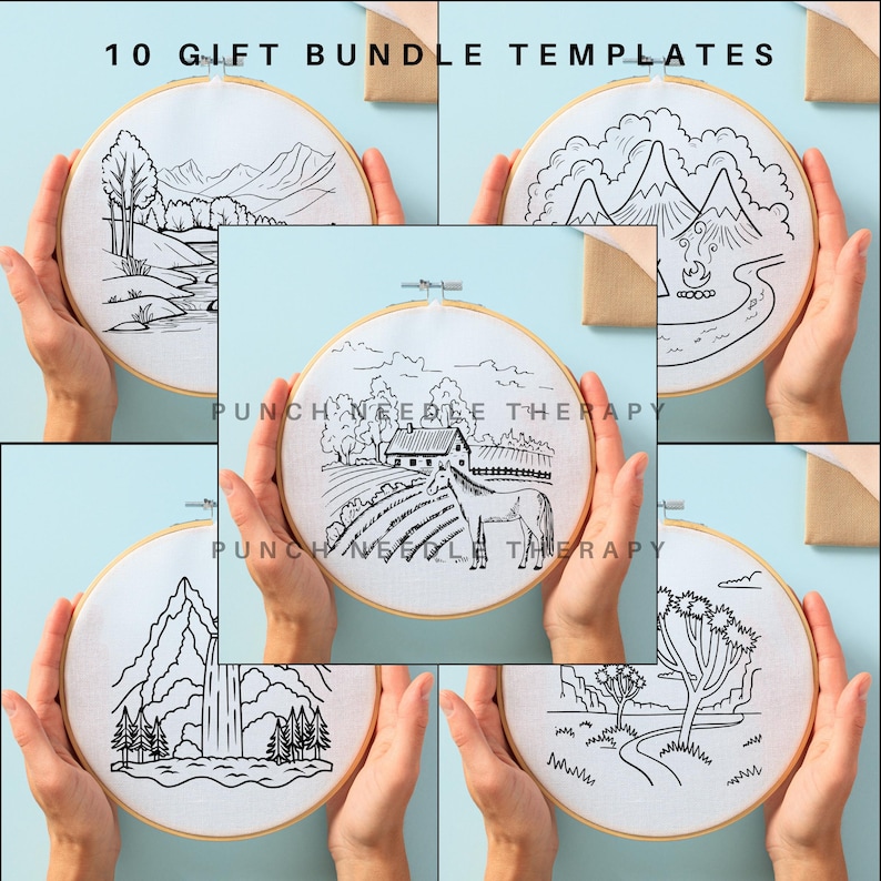 May include: Ten embroidery hoop templates featuring black and white line drawings of nature scenes. The scenes include mountains, trees, a waterfall, a house, a horse, and a river.