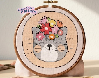 Cat Portrait Cross Stitch Chart Pattern: Floral Motif PDF