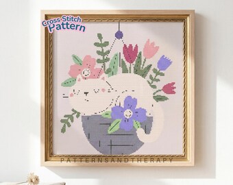 Floral Cat Cross Stitch Chart Pattern: Flower Motif PDF