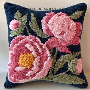 Puede incluir: Una almohada azul marino con un diseño floral con peonías rosas y blancas y hojas verdes. La almohada está hecha de una tela texturizada y tiene un aspecto acolchado.