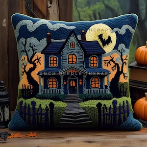 Halloween spökhus stansnålsmönster, Dark Academia kuslig ockult heminredning, kuslig månfladdermuskudde, läskig söt kudde, gör-det-själv-present