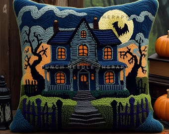Halloween Haunted House Punch Needle Pattern, Dark Academia Spooky Occult Home Decor, Spoopy Moon Bat Pillow, Creepy Cute Cushion, DIY Gift