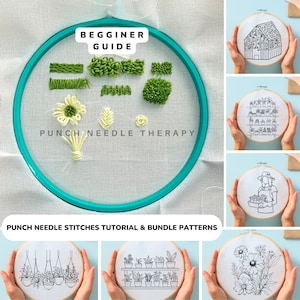 May include: A beginner's guide to punch needle embroidery with a variety of stitches and patterns. The guide includes a hoop with different stitches, a leaf, and flowers. There are also four hoops with different designs, including a greenhouse, a shelf with plants, a person holding a plant, and a bouquet of flowers.