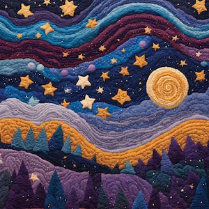May include: A quilted wall hanging depicting a night sky scene. The sky is a deep blue with white, yellow, and gold stars. There are also purple and blue clouds. The bottom of the scene is a forest of dark blue trees with a yellow and gold mountain range in the background. There is a large yellow sun in the top right corner.