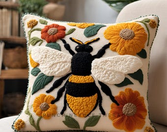 Spring Bumble Bee Punch Needle Pattern, DIY Pillow Case, Hand Tufted Embroidery Template, Needlepoint Cross Stitch Stick Cushion Cover