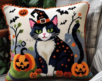Halloween griezelige zwarte kat punch-naaldpatroon, griezelig schattig kussen, donker gotisch huis, pompoen vleermuis motiefkussen, decor slaapzaal terug naar school
