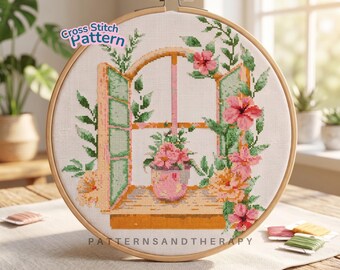 Vintage Cottage Cross Stitch Chart Pattern: Floral Farmhouse Window Motif