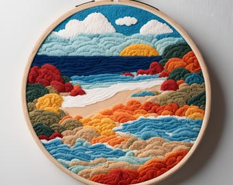 Beach Scenery Punch Needle Hoop Pattern, Summer Sun Sorbet Palette, Sea Wave Motif, Coastal Home Decor, Maritime Living, Italian Summer Life