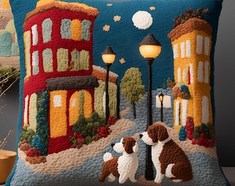 Dog Lover DIY Gift, Dog Motif Cushion Cover Punch Needle Pattern, Pillow Case Craft Hand Tufted Template, Needlepoint Cross Stitch and Stick