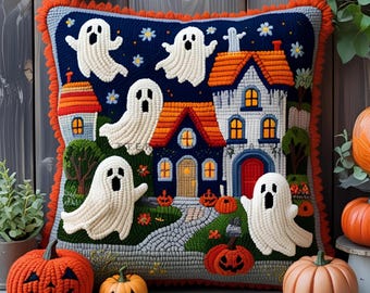 Halloween Haunted Town House Punch Needle Pattern, Dark Academia Spooky Occult Home Decor, Spoopy Ghost  DIY Pillow, Creepy Cute Cushion