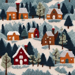 May include: A colorful felt rug depicting a winter village scene with houses, trees, and snow. The houses are various shades of brown and orange, with white roofs and snow-covered details. The trees are blue and green, and the snow is white.