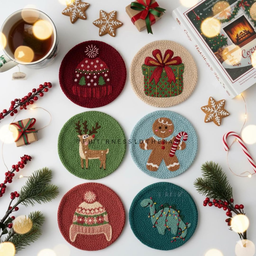 Christmas Mug Rug Punch Needle Pattern: DIY Gift Coaster Craft Motif ...