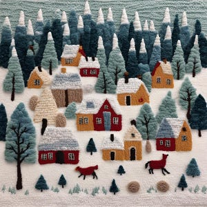 May include: A charming winter village scene featuring houses, trees, and snowmen, all crafted in a fluffy, textured style. The houses are painted in shades of red, yellow, and brown, with white snow-covered roofs. The trees are a soft blue-green, and the snowmen are white with black eyes and buttons.