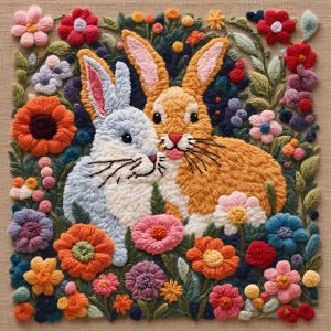 May include: A close-up of a needlepoint embroidery featuring two fluffy bunnies nestled in a bed of colorful flowers. The bunnies are white and orange, and the flowers are a variety of colors, including pink, red, yellow, and blue.