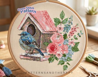Bird Rose Cross Stitch Chart Pattern: Floral Vintage Motif PDF Template