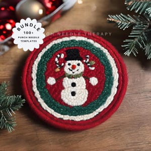 Christmas Snowman Drink Coaster Punch Needle Pattern, Xmas Holiday Crewelwork Cross Stitch Mug Rug, Needlepoint DIY Ornament, Gift for Noel
