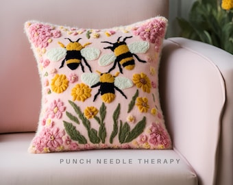 Spring Bumble Bee Punch Needle Pattern, DIY Pillow Case, Hand Tufted Embroidery Template, Needlepoint Cross Stitch Stick Cushion Cover