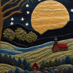 May include: A needlepoint rug depicting a night scene with a full moon, stars, a church, and trees. The text "PATTERNSANDTHERAPY" is visible in the upper right corner of the rug.