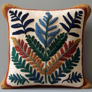 Puede incluir: Cojín decorativo cuadrado con fondo crema y diseño de hojas coloridas. Las hojas son en tonos azul, verde, naranja y rojo. El cojín tiene un borde marrón y una apariencia texturizada.