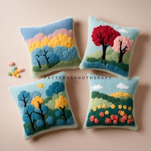May include: Four decorative throw pillows with a nature theme. Each pillow features a different scene with trees, clouds, and flowers in shades of blue, green, yellow, red, and pink. The pillows are made with a soft, plush fabric and have a white backing.