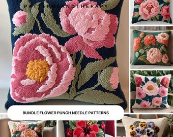 Peony Flower Motif Punch Needle Embroidery Pattern Template, Pillow Case, Floral Cushion Cover, Hand Tufted , DIY Gift, Home Decor Craft