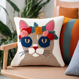Patrón de funda de almohada con retrato de gato bonito, plantilla de paisaje con mechones para manualidades con funda de cojín, arte de bordado con punto de cruz