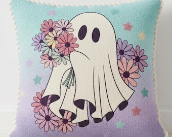 Halloween Floral Spoopy Ghost Motif Punch Needle Pattern, Creepy Cute Pillow, Spooky Season Occult Decor, Pink Pastel Color Cushion