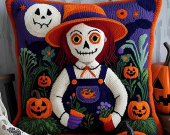 Halloween Dark Academia Ghost Gardener Punch Needle Pattern, Spoopy Jack O Lantern Pumpkin Motif Pillow, Spooky Decor, Creepy Cute Cushion