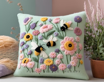 Spring Bumble Bee Punch Needle Pattern, DIY Pillow Case, Hand Tufted Embroidery Template, Needlepoint Cross Stitch Stick Cushion Cover