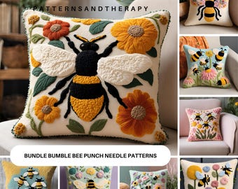 Spring Bumble Bee Punch Needle Pattern, DIY Pillow Case, Hand Tufted Embroidery Template, Needlepoint Cross Stitch Stick Cushion Cover