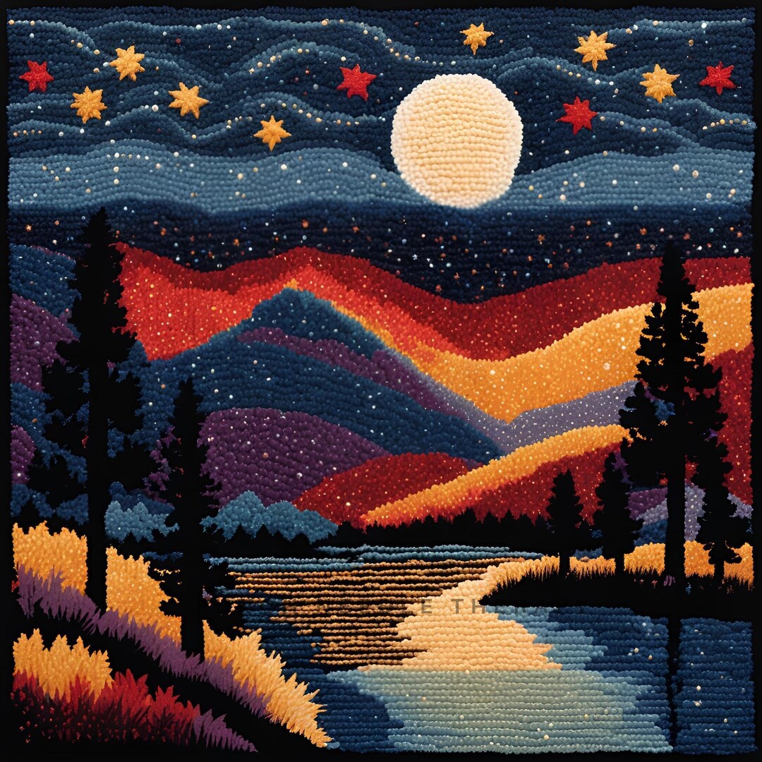 Whimsical Night Sky Stars Scenery Punch Needle Pattern, DIY Pillow Case ...
