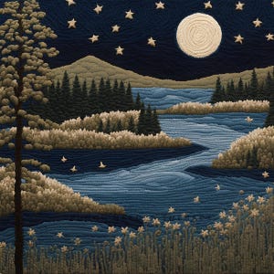 May include: A blue and brown needlepoint wall hanging depicting a night scene with a full moon, stars, a river, trees, and a mountain range.