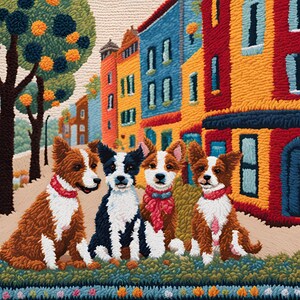 Peut inclure: Une œuvre d'art textile colorée représentant quatre chiens assis devant une scène de rue. Les chiens ont des fourrures marron, blanches et noires, et portent des colliers rouges et roses. Les bâtiments sont peints de couleurs vives, avec des arbres et un ciel bleu en arrière-plan.