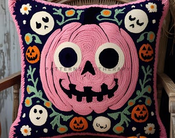 Halloween Pink Kawaii Spoopy Pumpkin Motif Punch Needle Pattern, Creepy Cute Pillow, Spooky Decor, DIY Gift for Her, Jack O Lantern Cushion