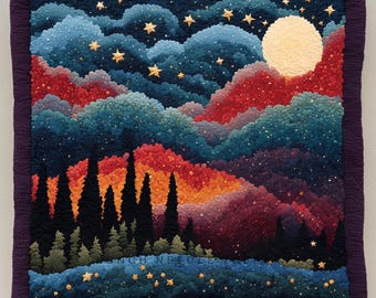 Whimsical Art Gift for Her, Night Sky Stars Scenery Punch Needle Pattern, DIY Pillow Case, Mountain Adventure, Cushion Cover Template