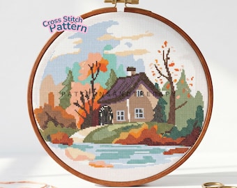 Cross Stitch Chart Pattern: Lake House Landscape Motif PDF Template