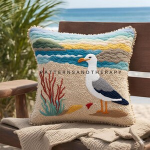 Seagull Motif Punch Needle Embroidery Pattern, Pillow Case, Hand Tufted Embroidery Template, DIY Gift Cushion Cover, Home Decor Hand Craft