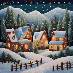 May include: A winter landscape painting featuring snow-covered houses with lit windows and chimneys. The houses are nestled among snow-covered evergreen trees and rolling hills. A wooden fence is in the foreground, and snowflakes fall against a dark blue sky.