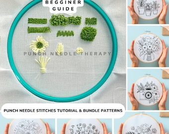 Learn How to Punch Needle Stitch, Punch Needle Kit, Beginner Hand Tufted Embroidery Tutorial Guide, DIY Mug Rug Coaster Pattern Template