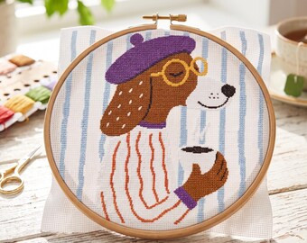 Funny Dog Cross Stitch Chart Pattern: Animal Portrait Motif PDF Template