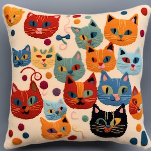 Patrón de funda de almohada con retrato de gato bonito, plantilla de paisaje con mechones para manualidades con funda de cojín, arte de bordado con punto de cruz