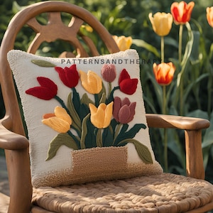 チューリップの花のモチーフのパンチニードル刺繍パターンテンプレート、枕カバー、花柄クッションカバー、ハンドタフテッド、DIYギフト、ホームデコレーションクラフト