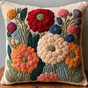 May include: A decorative throw pillow with a floral design. The pillow features a variety of flowers in shades of red, orange, yellow, white, and blue, all embroidered on a beige fabric.