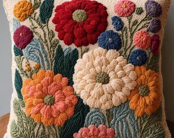 Floral Throw Pillow Case Punch Needle Pattern, Cushion Cover Craft, Hand Tufted Embroidery Template, Grand Millennial Pillow, French Cottage